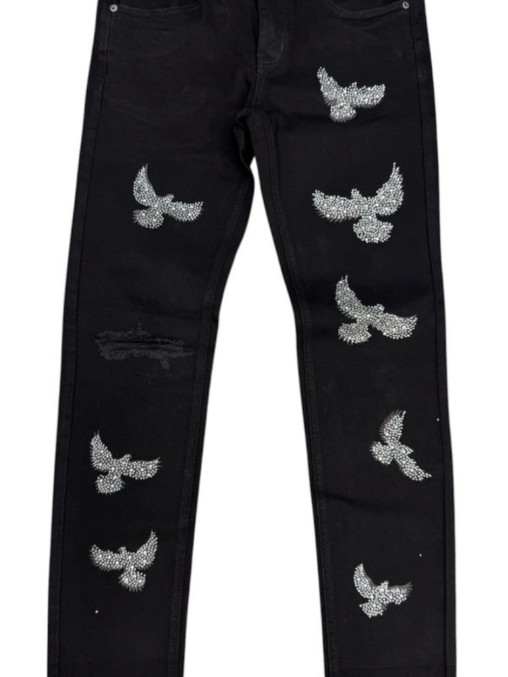 Men's Black Skinny Jeans with Crystal Dove Accents